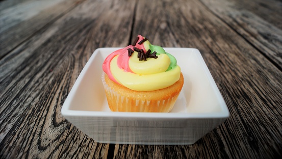 Homemade decorated vanilla cupcake with colorful rainbow pastel frosting on vintage wood table background
