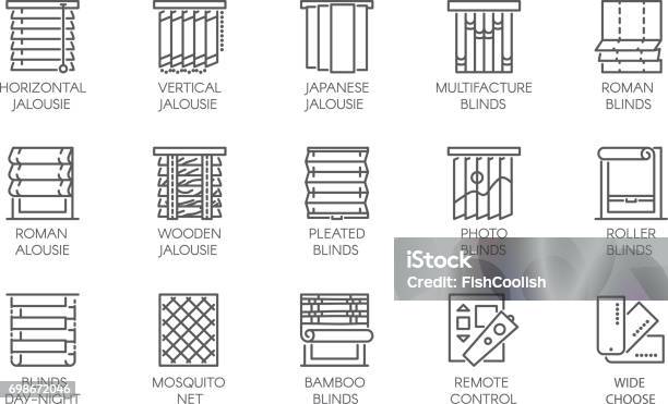 Ilustración de 15 Línea De Iconos De Varios Diseños De Cortinas Persianas Persianas Mosquiteros Y Control Remoto Etiquetas Vector Aisladas y más Vectores Libres de Derechos de Persiana - Decoración