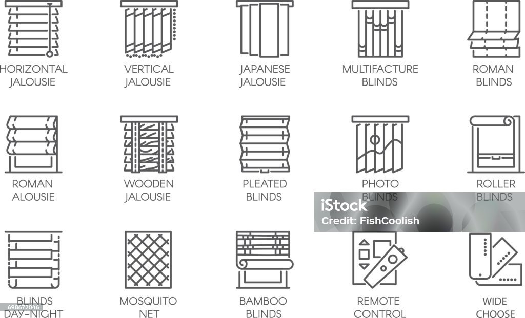 15 line icons of various designs of curtains, blinds, jalousie, mosquito nets and remote control. Vector labels isolated 15 line icons of various designs of curtains, blinds, jalousie, mosquito nets and remote control. Big vector set of contour labels isolated on a white background Window Blinds stock vector