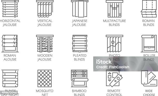 15 Line Icons Of Various Designs Of Curtains Blinds Jalousie Mosquito Nets And Remote Control Vector Labels Isolated Stock Illustration - Download Image Now