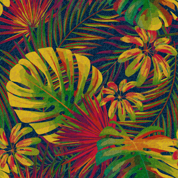 istock Exotic leaf seamless print on denim backdrop. Bright tropic leaves on a dark blue background, color graphics, blue jeans texture, hand-drawn vector 698672122