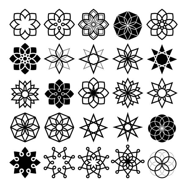 Geometric flower and stars collection, lineart abstract flower icons set Modern flower and star design in black isolated on white, abstract shapes mandala stock illustrations