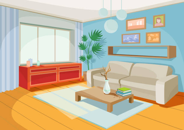 Vector illustration of a cozy cartoon interior of a home room, a living room Vector illustration of a cozy cartoon interior of a home room, a living room with a sofa, coffee table, chest of drawers, shelf and window curtains living room stock illustrations