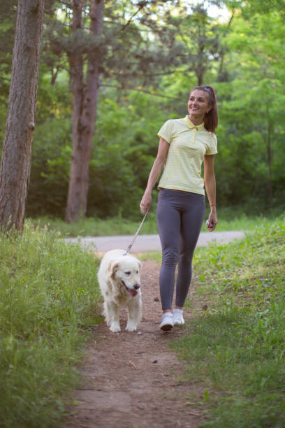 istock Young woman in walk with dog 698704868