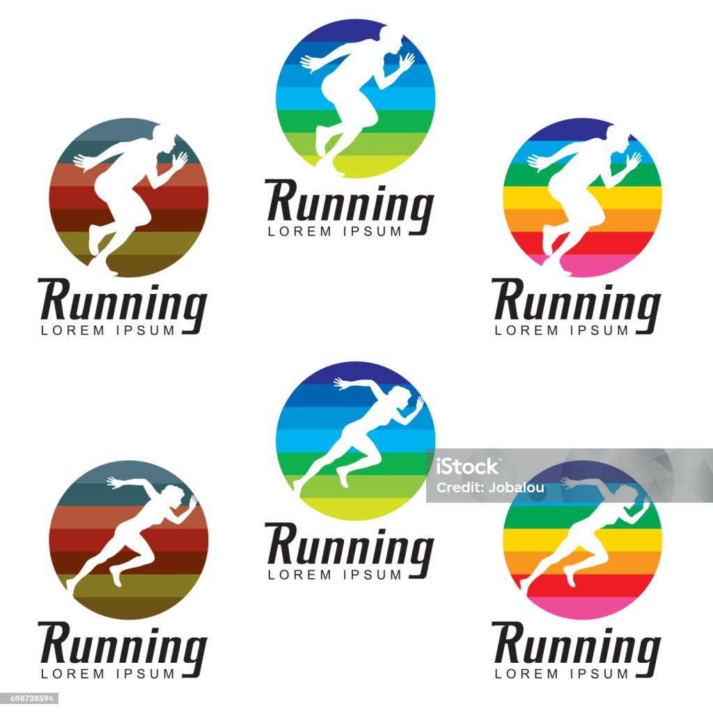 Running Clip Art Symbol Vector illustration of a set of several icons with silhouettes of woman and men athletes over multi colored circles. Perfect for your copy space and personal mark. Running stock vector