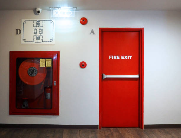 istock Fire exit emergency door red color metal material with alarm 698742540
