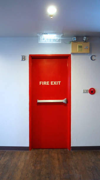 istock Fire exit emergency door red color metal material with alarm 698742546