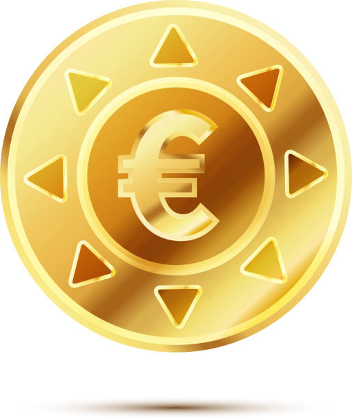 ilustraciones, imágenes clip art, dibujos animados e iconos de stock de moneda oro brillante brillante con euro signo aislado en blanco - coin euro symbol european union currency gold