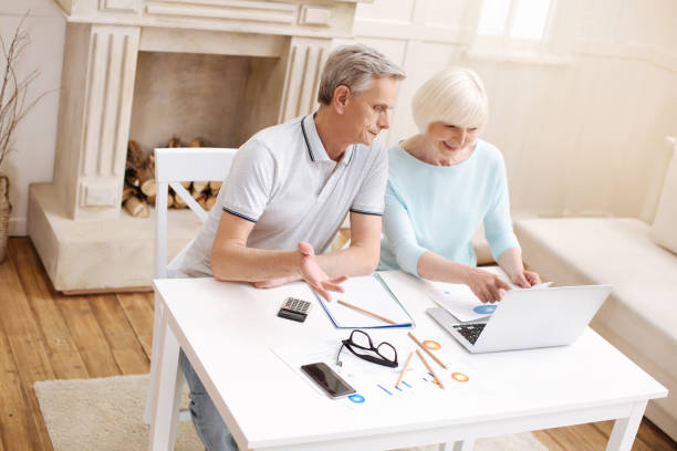 istock Cheerful aged couple working on business assignment together 698759490