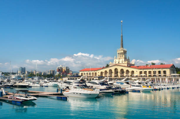 Sochi sea port. Commercial seaport of Sochi, Russia. Yachts and ships on Black Sea. sochi stock pictures, royalty-free photos & images