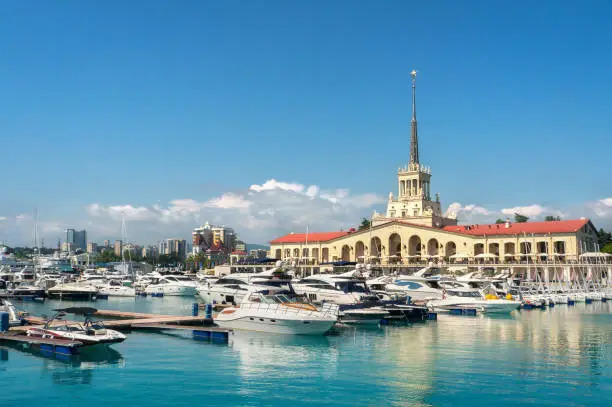 Commercial seaport of Sochi, Russia. Yachts and ships on Black Sea.