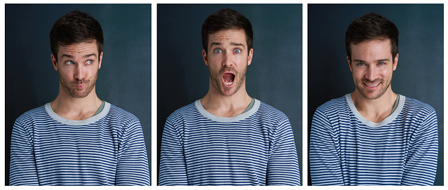 Composite shot of a young man pulling funny faces in studio