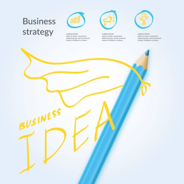 jasny kolorowy plakat pomysł na biznes z ołówkami i rysunkami do infografik. ilustracja wektorowa - figurine people symbol men stock illustrations