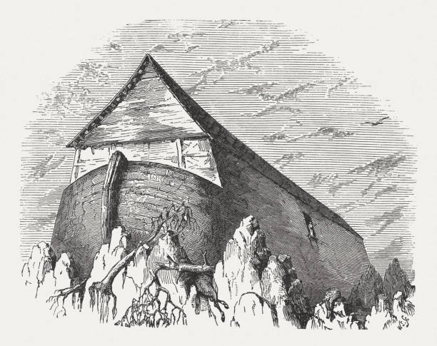 arche noah (genesis 8), holzschnitt, veröffentlicht 1886 - dormant volcano illustrations stock-grafiken, -clipart, -cartoons und -symbole