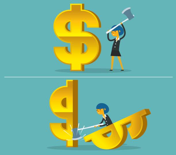 ilustrações de stock, clip art, desenhos animados e ícones de budget cut - businesswoman - currency loss women spending money