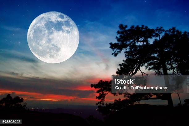 Full Moon And Sunset On Mountain In Thailand Stock Photo - Download Image Now - Full Moon, Abstract, Agricultural Field