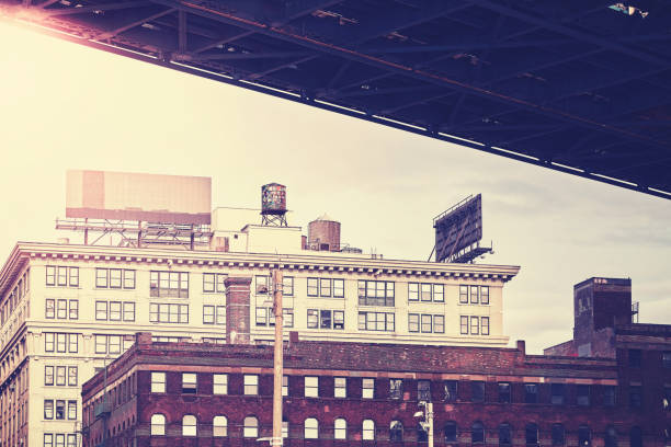 Under Manhattan Bridge, retro stylized Dumbo neighborhood, New York City, USA.