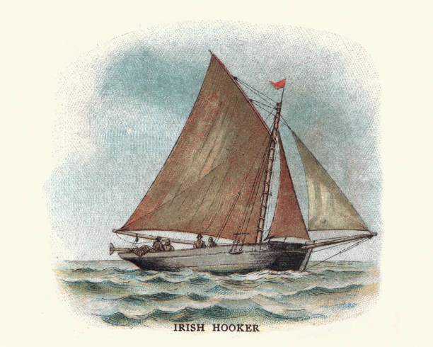 Vintange illustration of a Galway hooker traditional Irish fishing boat, 19th Century. The hooker was developed for the strong seas there. It is identified by its sharp, clean entry, bluff bow, marked tumblehome and raked transom. Its sail plan consists of a single mast with a main sail and two foresails.