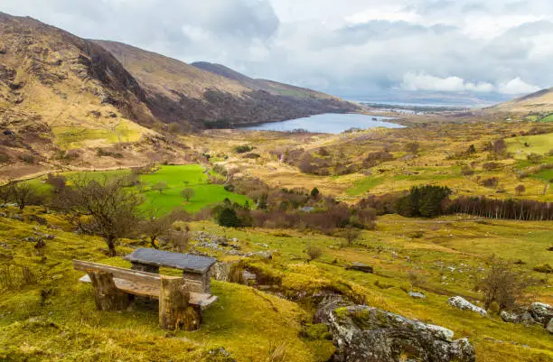 Photo of A beautiful irish mountain landscape with a lake in spring. Gleninchaquin park in Ireland.