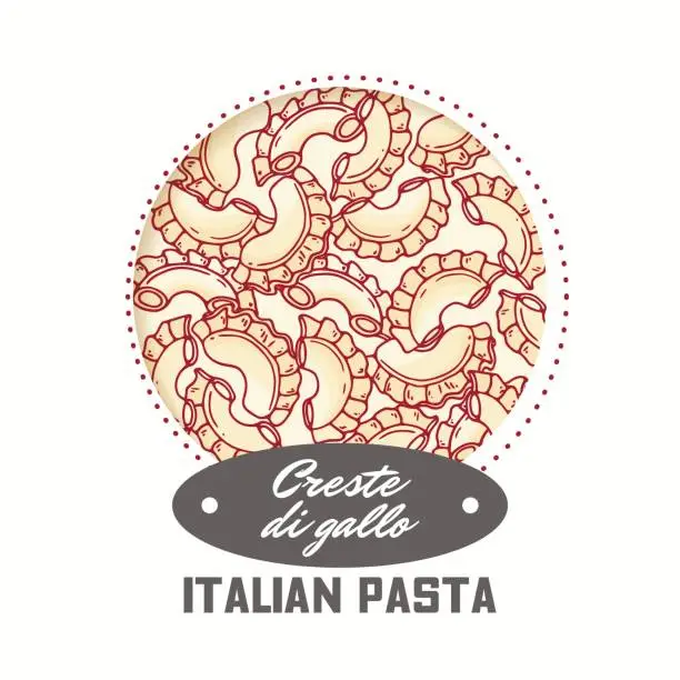 Vector illustration of Sticker with hand drawn pasta creste di gallo isolated on white. Template for food package design