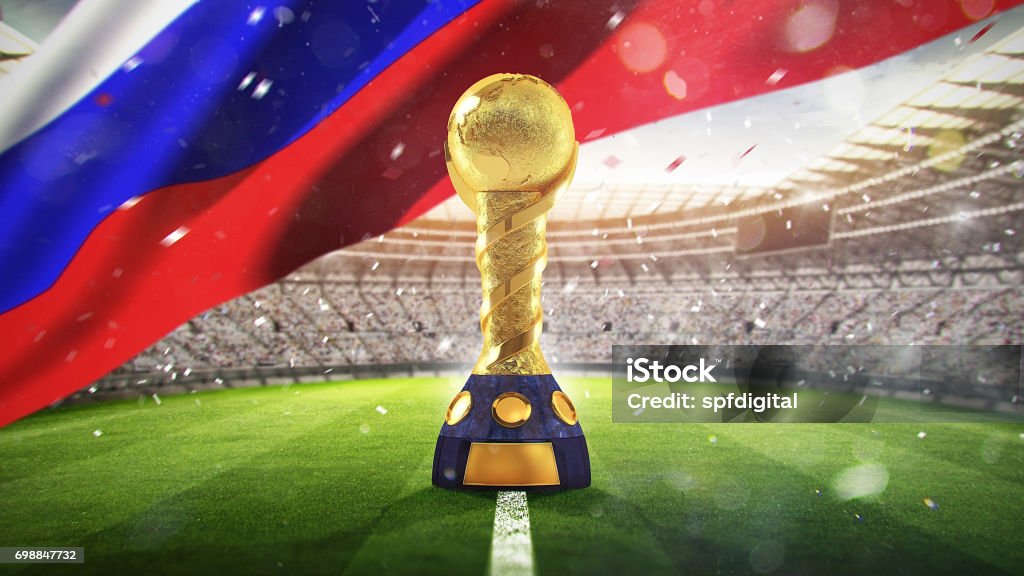Confederations Cup. Golden trophy in the form of the globe. Russia 2017. 3d render International Soccer Event Stock Photo