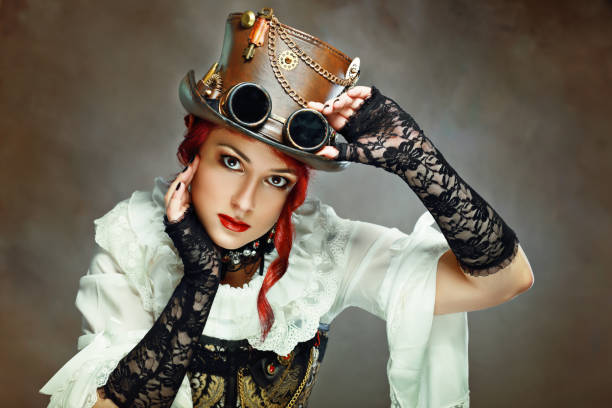 Girl Wearing Steampunk Hat Portrait Beautiful Victorian Style Girl Wearing Steampunk Hat steampunk fashion stock pictures, royalty-free photos & images