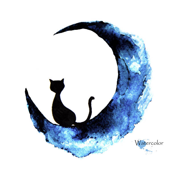 bildbanksillustrationer, clip art samt tecknat material och ikoner med hand dras akvarellmålning av svart katt sitter på månen - katt thai