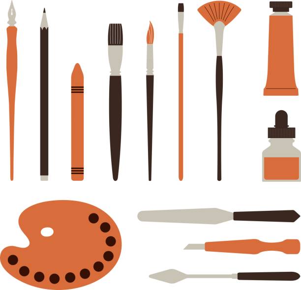 narzędzia wykonawcy, paleta, farby i pędzle - ilustracja - artists canvas palette paintbrush oil painting stock illustrations
