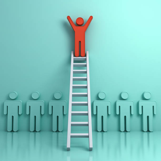 istock Stand out from the crowd and different creative idea concept, One man climbing ladder to standing on top above green people on light green background with reflection and shadows. 3D render 698892684