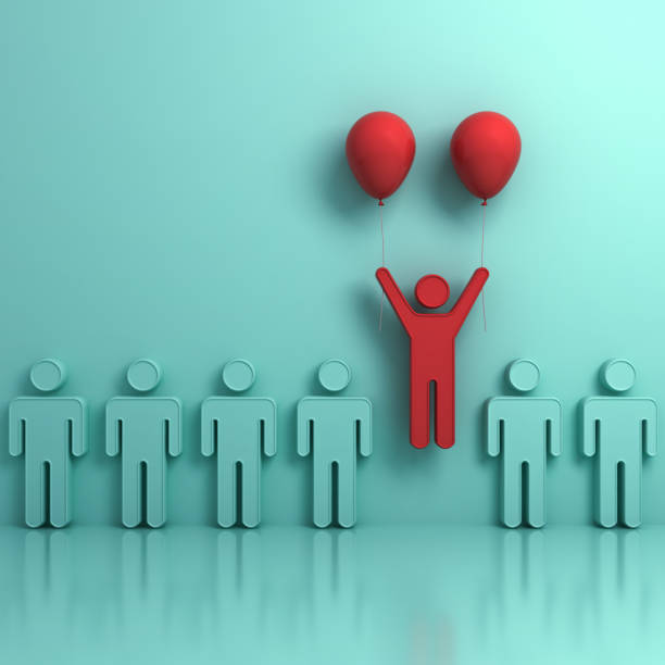 istock Stand out from the crowd and different creative idea concepts , One man flying upward with two red balloons out from green people on light green background with reflections and shadows. 3D render 698892934