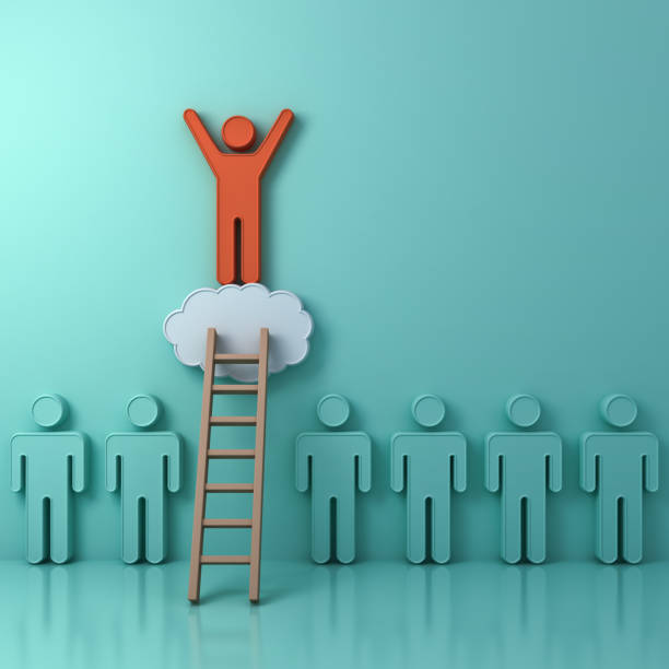 istock Stand out from the crowd and different creative idea concept, One man climbing ladder to standing on top of the cloud above green people on green background with reflection and shadows. 3D render 698892982