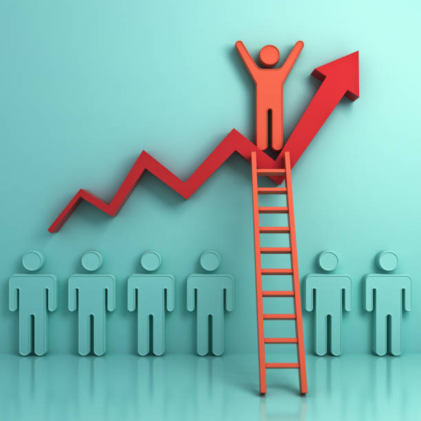 istock Stand out from the crowd and different creative idea , One man climbing ladder to standing on top of business growth graph chart on light green background with reflections and shadows . 3D render 698893060