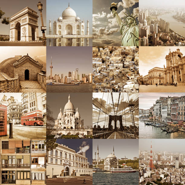 Cities of the world vintage collage, city travel and tourism concept Cities of the world vintage collage, city travel and tourism concept historical geopolitical location photos stock pictures, royalty-free photos & images