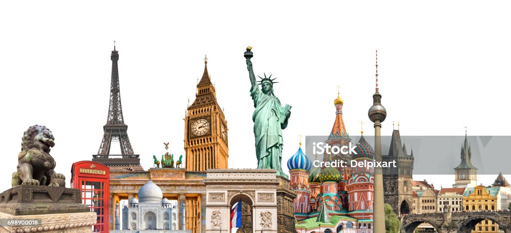 World landmarks photo collage isolated on white background, travel, tourism and study around the world concept World Map Stock Photo