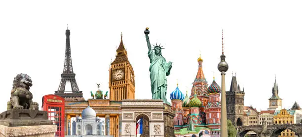Photo of World landmarks photo collage isolated on white background, travel, tourism and study around the world concept