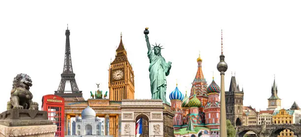 World landmarks photo collage isolated on white background, travel, tourism and study around the world concept