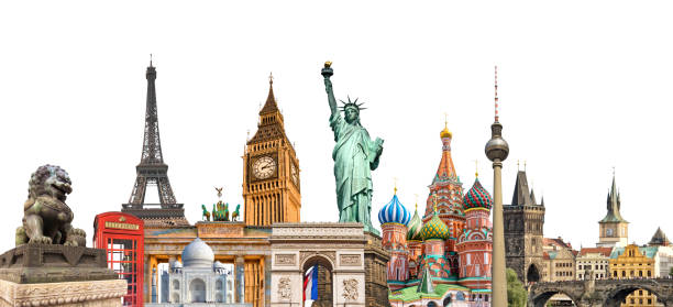 world landmarks photo collage isolated on white background, travel, tourism and study around the world concept - american holiday imagens e fotografias de stock