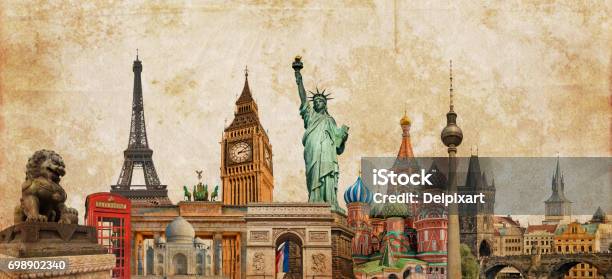 World Landmarks Photo Collage On Vintage Tes Sepia Textured Background Travel Tourism And Study Around The World Concept Vintage Postcard Stock Photo - Download Image Now