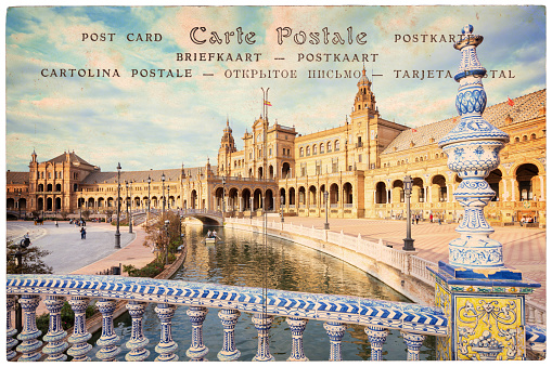 Plaza de Espana (Spain square) in Seville, Andalusia, collage on vintage postcard background