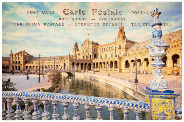 plaza de espana (spain square) in seville, andalusia, collage on vintage postcard background - architecture europe seville spain imagens e fotografias de stock