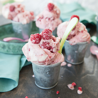 Homemade ice cream with raspberries