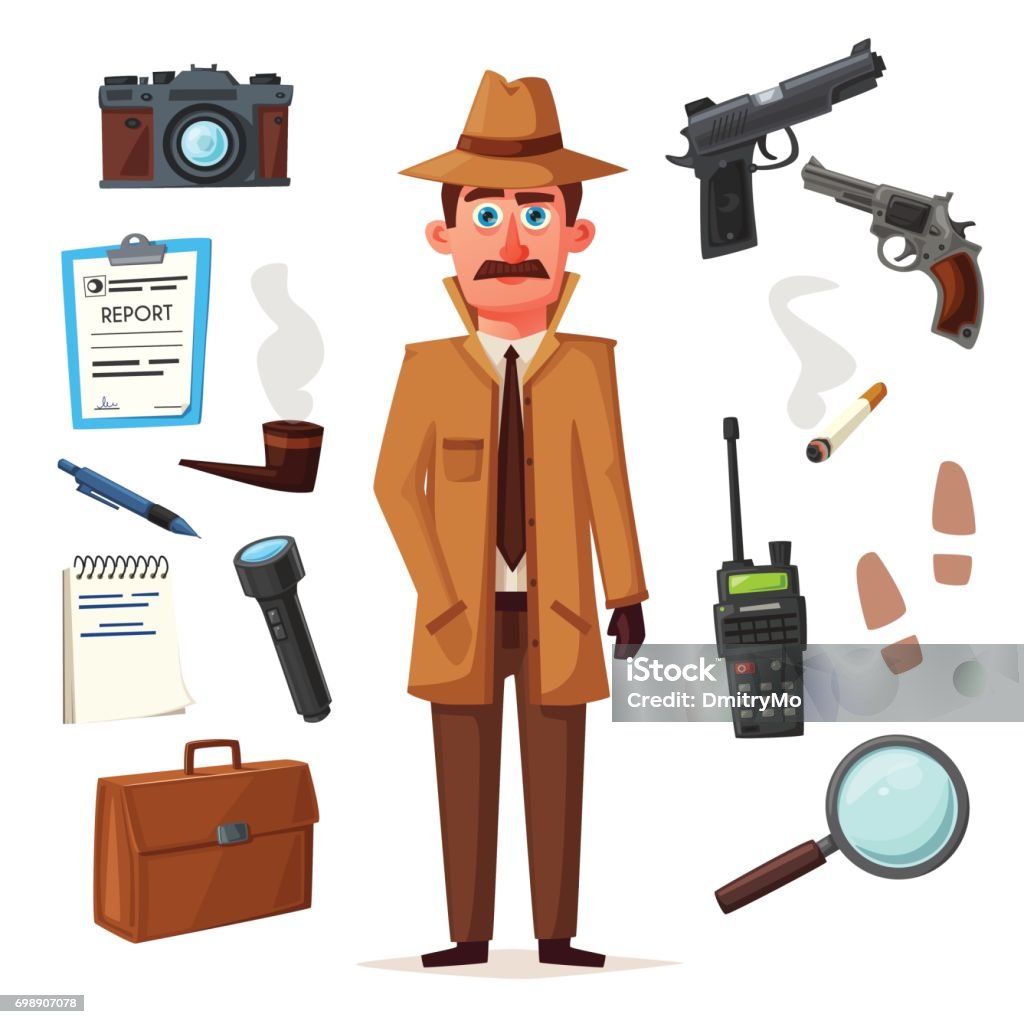 Funny detective character. Cartoon vector illustration Funny detective character. Cartoon vector illustration. Cheerful inspector in raincoat. Man in hat. Detective stock vector