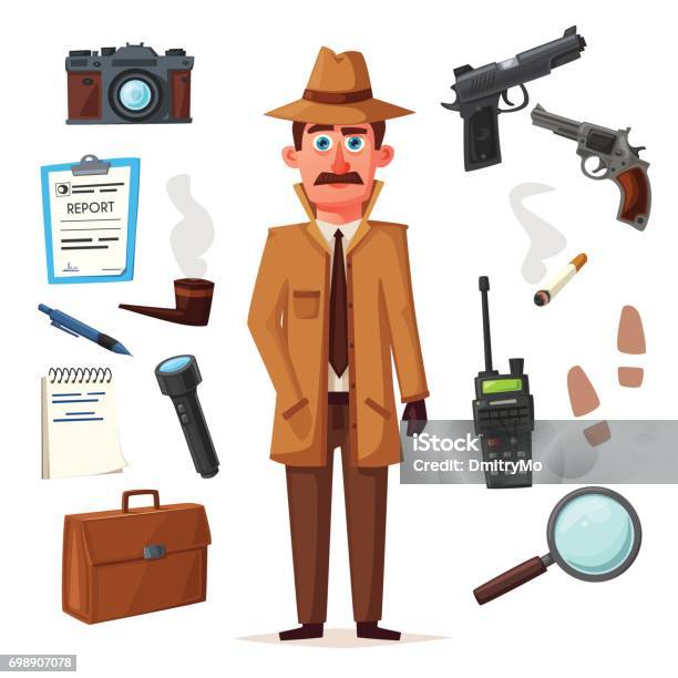 Funny Detective Character Cartoon Vector Illustration Stock Illustration - Download Image Now