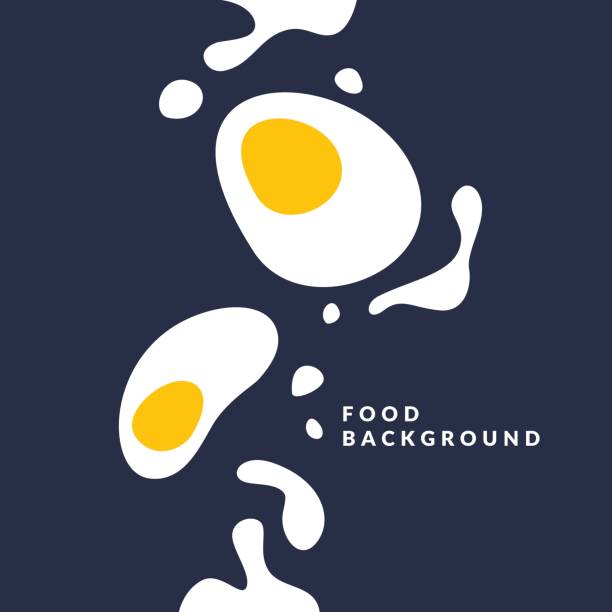 Bright poster with a picture of an egg, yolk and splashes on a dark background. Vector illustration in flat style Bright poster with a picture of an egg, yolk and splashes on a dark background. Vector illustration in flat minimalistic style breakfast background stock illustrations