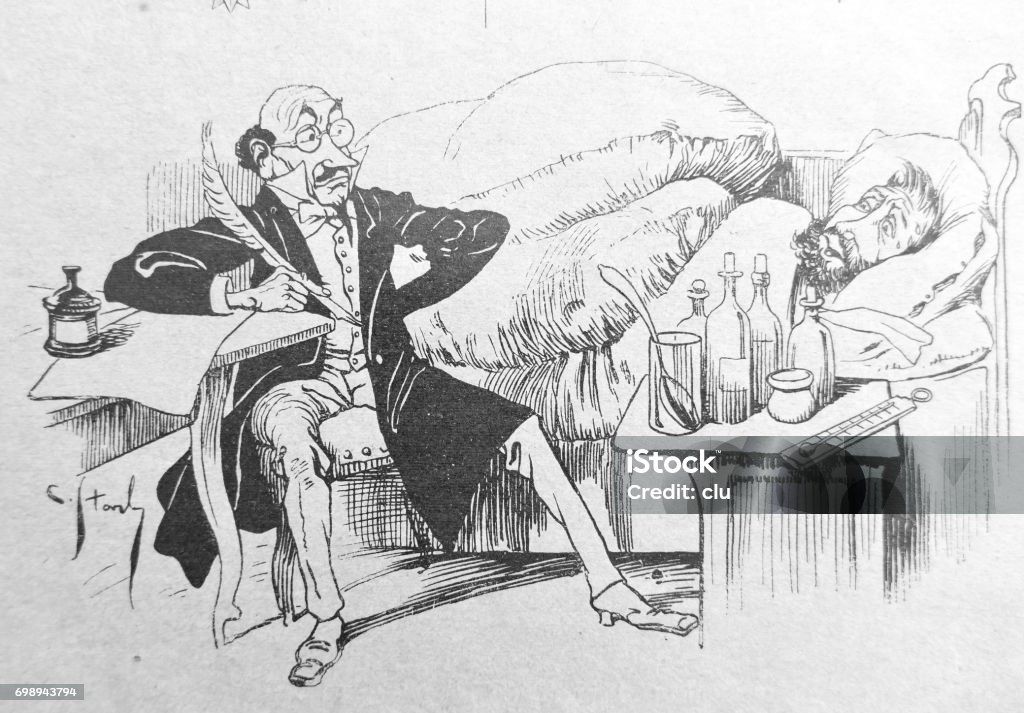 Sick man in bed is advised by a doctor with a spring keel in his hand Illustration from 19th century 1899 stock illustration