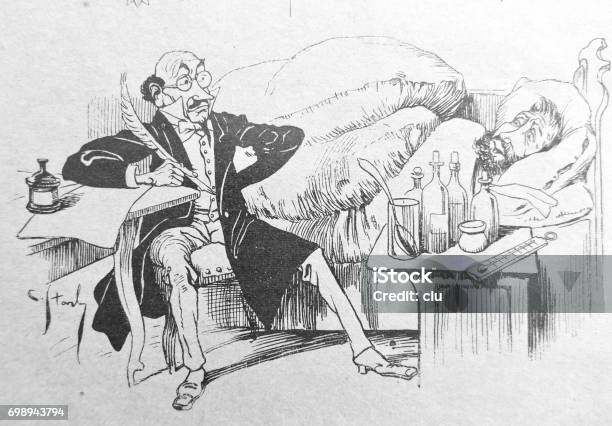 Sick Man In Bed Is Advised By A Doctor With A Spring Keel In His Hand Stock Illustration - Download Image Now