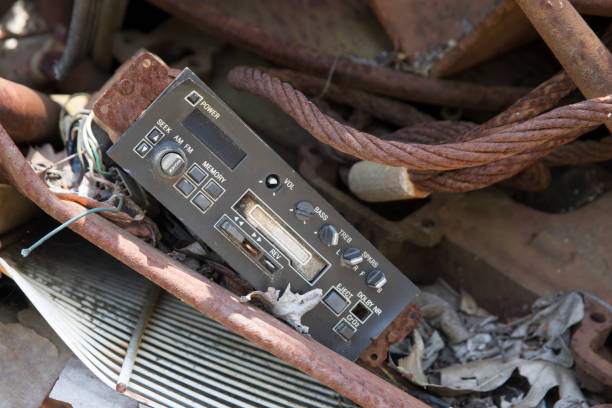 automotive sound system in junkyard - scrap metal audio imagens e fotografias de stock