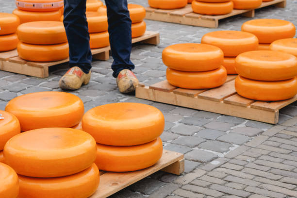 Pile of cheese and traditional Dutch shoe in Guoda Pile of cheese and traditional Dutch in Guoda cheese market cheese market stock pictures, royalty-free photos & images