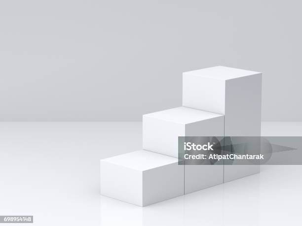 White Cube Boxes Step With White Blank Wall Background For Display 3d Rendering Stock Photo - Download Image Now