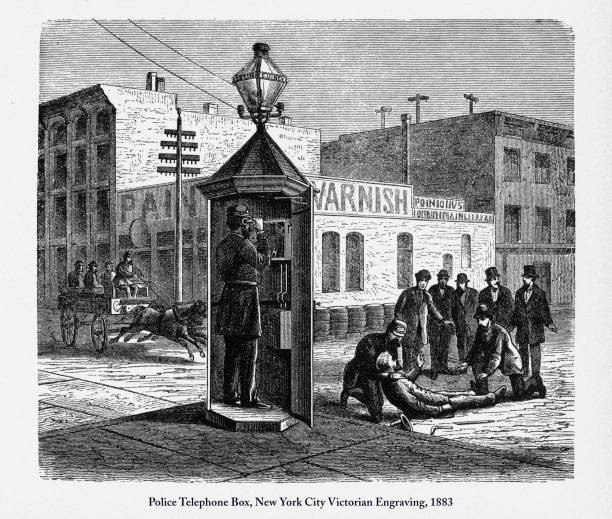 Police Telephone Box, New York City Victorian Engraving, 1883. Source: Original edition from my own archives. Copyright has expired on this artwork. Digitally restored.